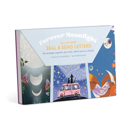 Pack of illustrated self-mailer letters with moons, cats, and floral designs.