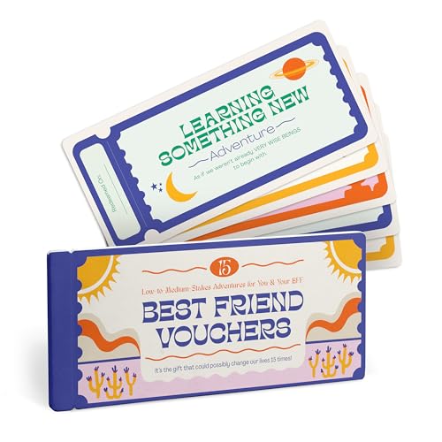 Stack of colorful "Best Friend Vouchers" booklet with sun and moon designs.
