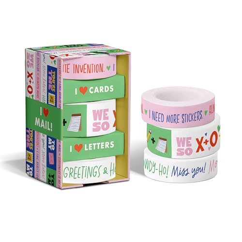 Stack of four colorful washi tape rolls in a patterned box.