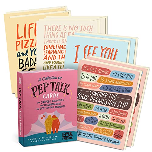 Stack of colorful encouragement cards with text and illustrated box.