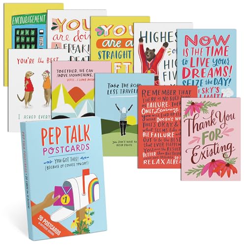 Stack of colorful postcards with motivational quotes and animal illustrations.