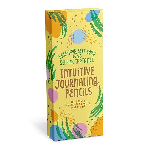 Yellow pencil box with colorful abstract shapes and text about journaling.