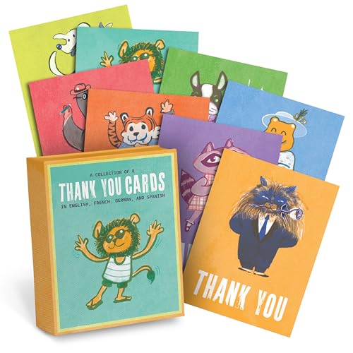 Box of eight illustrated thank you cards featuring animal characters.