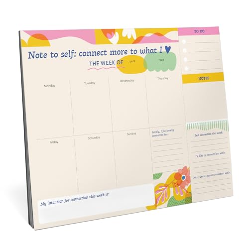 Desktop planner with weekly layout, colorful abstract shapes, and notes section.