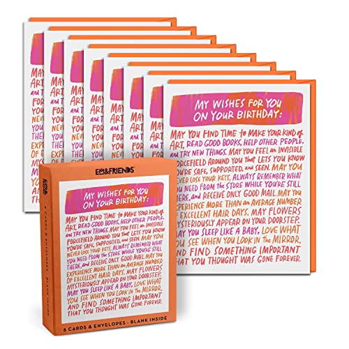 Stack of eight birthday cards with orange and pink abstract designs.