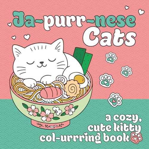 A white cat sleeps in a bowl of ramen on a pink and green background.