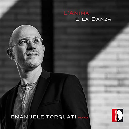 Black and white portrait of pianist Emanuele Torquati, album cover art.
