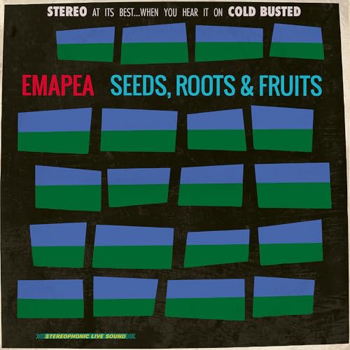 Album cover with red and green text and rows of blue and green rectangles.