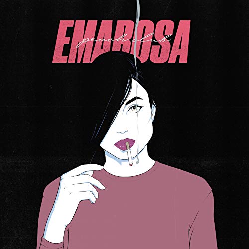 Illustration of a person with dark hair smoking a cigarette against black background.