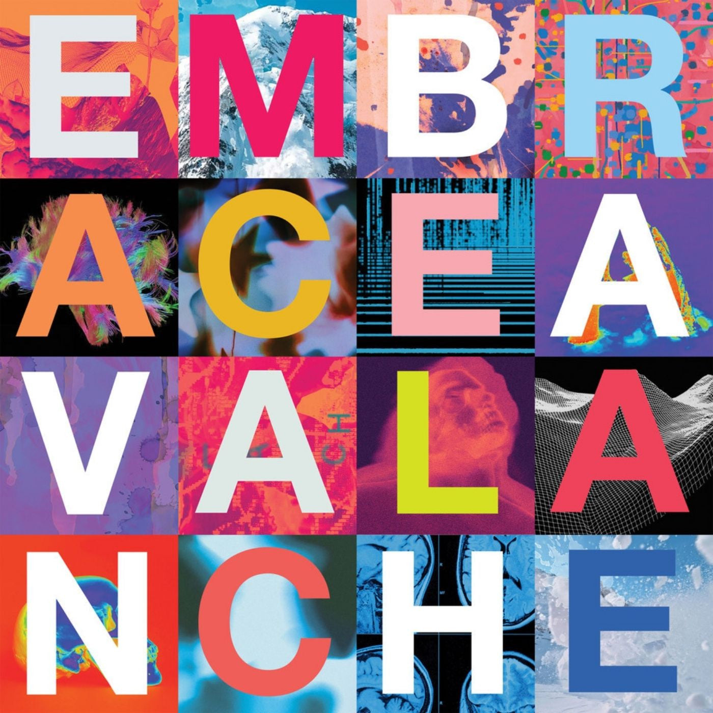 Album cover featuring a grid of colorful abstract images overlaid with the word EMBRACE AVALANCHE.