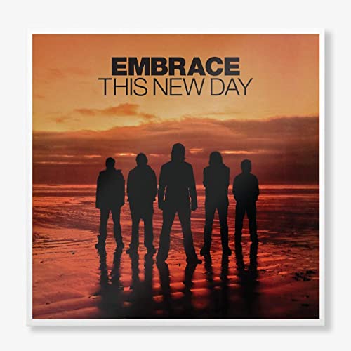 Embrace album cover: band silhouetted against a sunset beach scene.