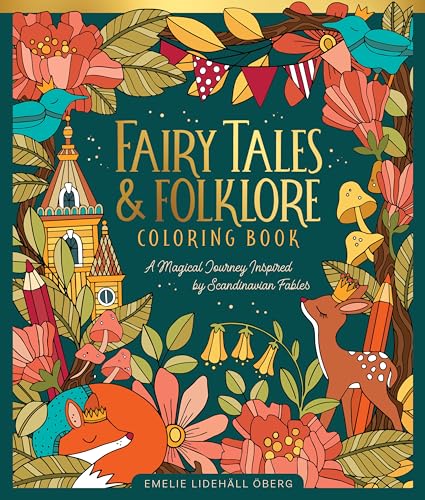 Coloring book cover with a dark green background, fairy tale illustrations, flowers, and animals.