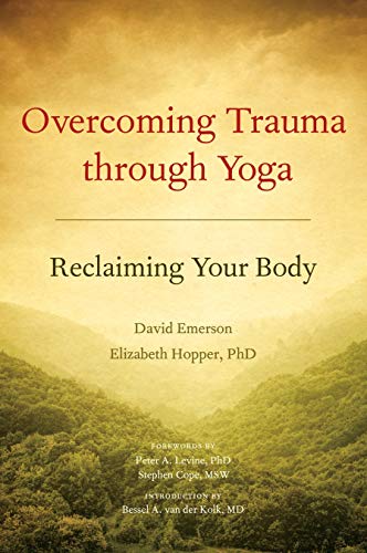 Book cover titled Overcoming Trauma through Yoga with a background of misty green hills.