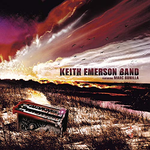 CD cover: Keith Emerson Band with a keyboard in a field, sunset sky.