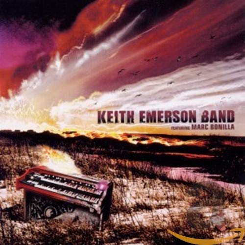 CD cover: Keith Emerson Band with a keyboard in a field at sunset.