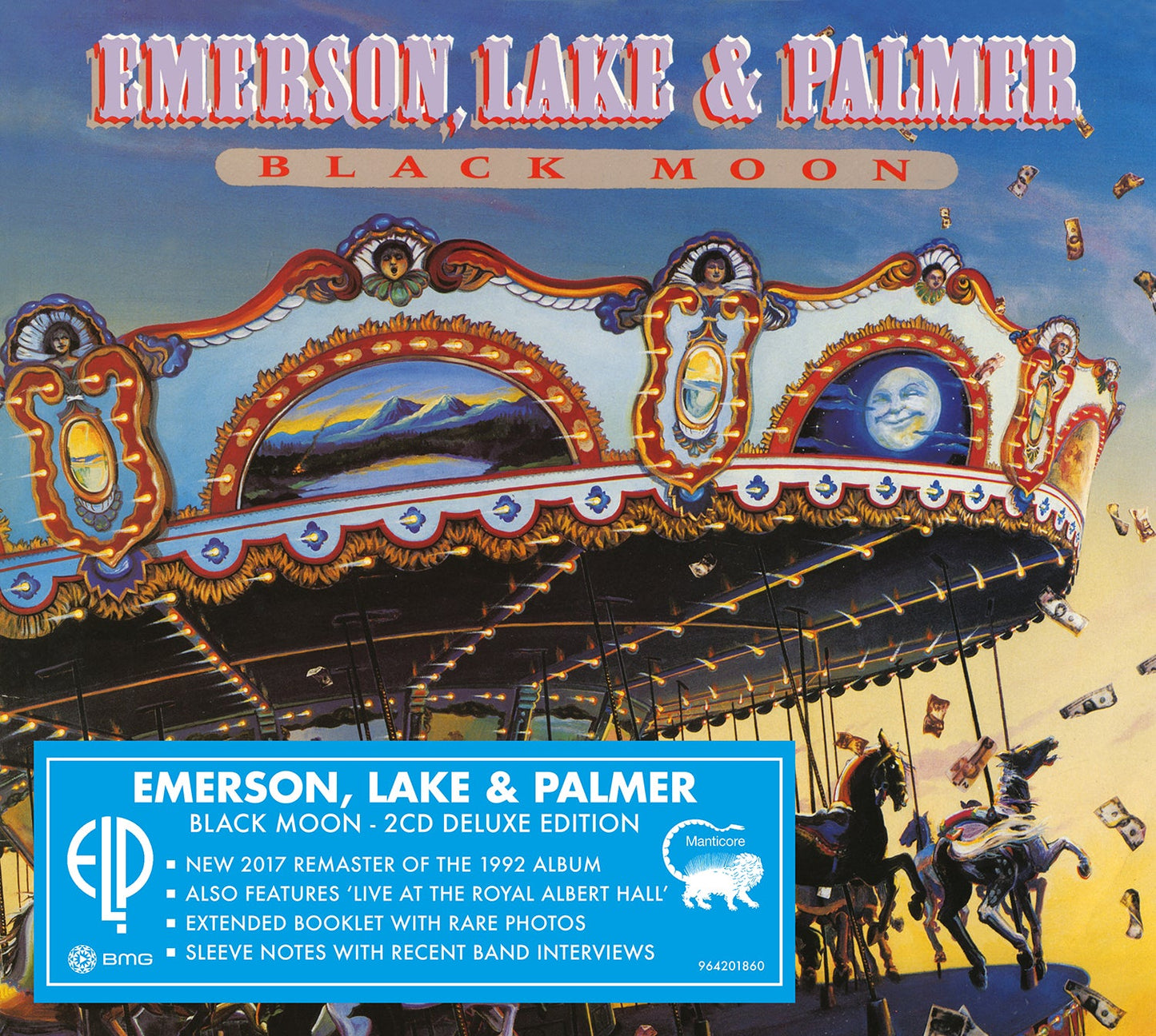Emerson, Lake & Palmer’s “Black Moon” 2CD album cover with carousel imagery.