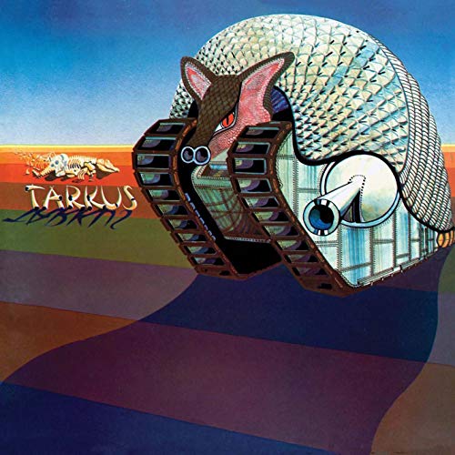 The image shows the cover of the vinyl album "Tarkus" by Emerson, Lake & Palmer. For accessibility purposes, a suitable alt text could be: "Vinyl album cover featuring an armadillo-like creature and abstract design."