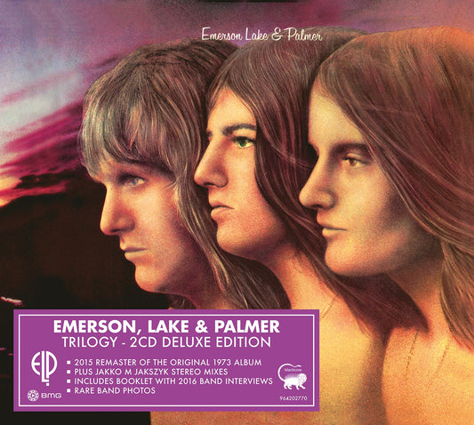 Album cover showing three side-profile portraits against a sunset sky with text overlay.