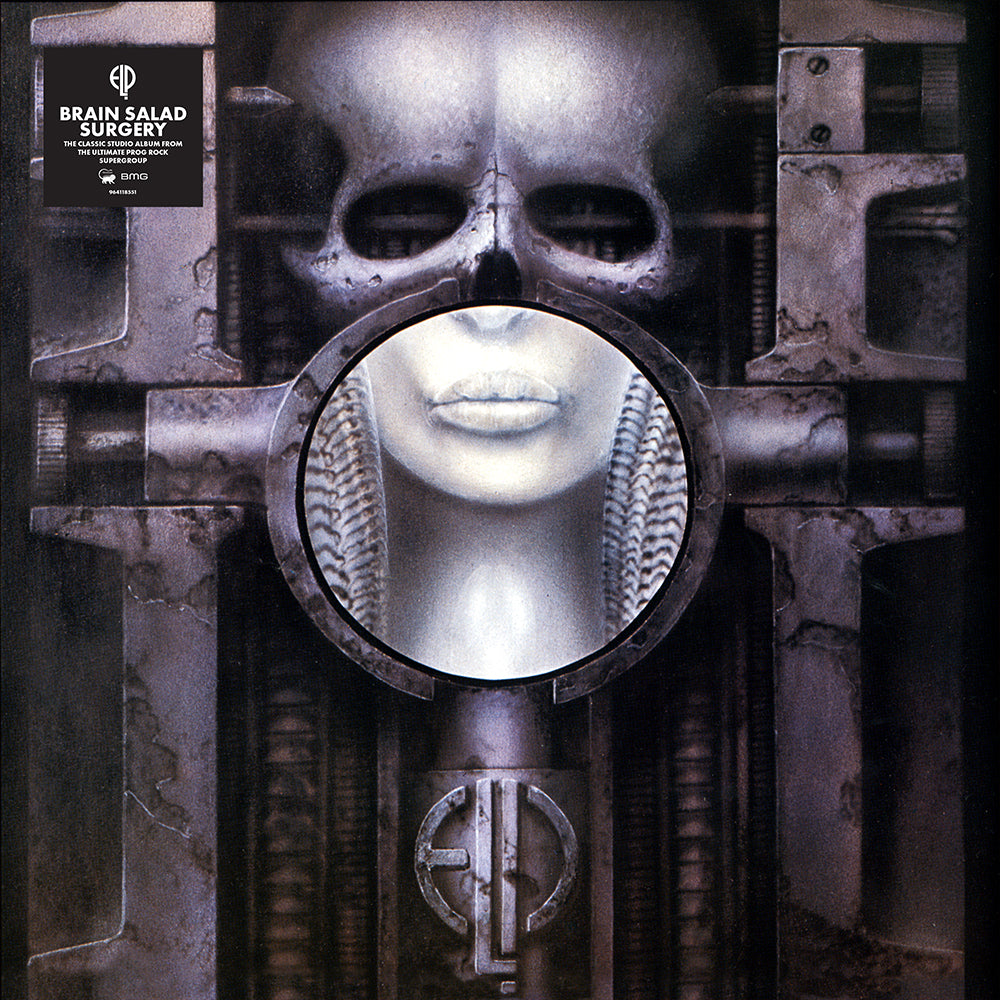 Emerson, Lake & Palmer’s “Brain Salad Surgery” vinyl album cover with surreal imagery.