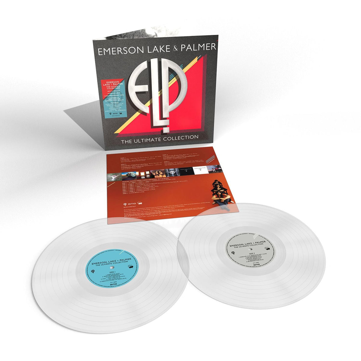 "Clear vinyl records with blue and gray labels, sleeve, and booklet."