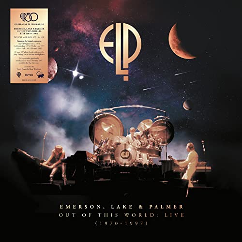 Emerson, Lake & Palmer live album cover with drums, keyboard, and space imagery.