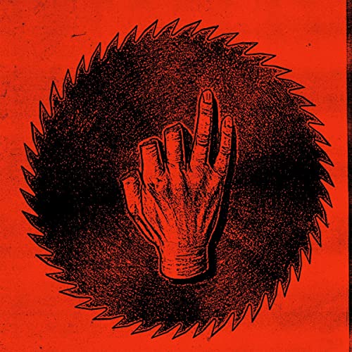 A black hand illustration centered over a black circular saw blade on red background.