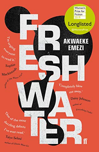 Book cover for Freshwater by Akwaeke Emezi with white text on a red background.