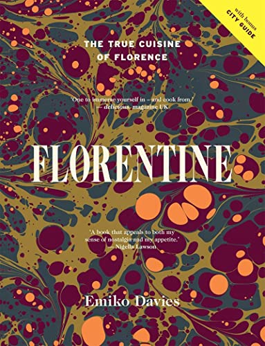 Book cover for Florentine with a marbled pattern of dark purple, gold, and orange.