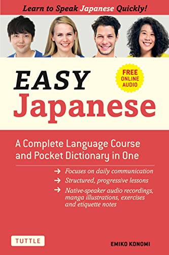 Book cover for “Easy Japanese” with diverse people and red background.