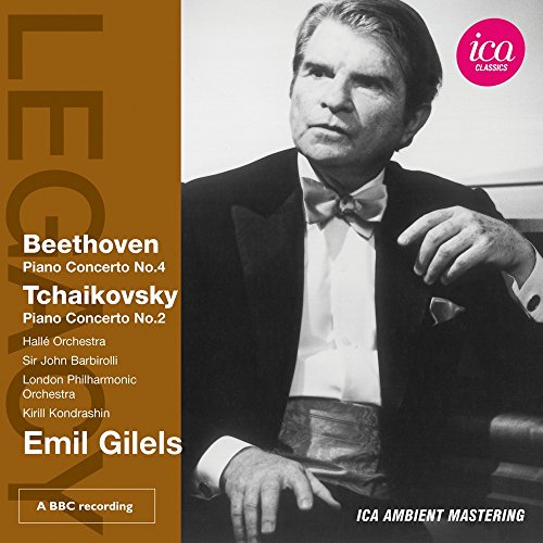 Brown and black-and-white CD cover featuring Emil Gilels in a tuxedo, with text on the left.