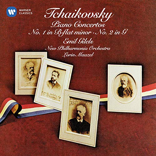 Cover of "Emil Gilels - Tchaikovsky: Piano Concertos" CD with vintage portraits and ribbon.