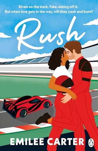 Book cover: “Rush” depicts a couple embracing near a red race car.