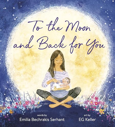 Mother holding baby, seated against a large, illustrated moon.