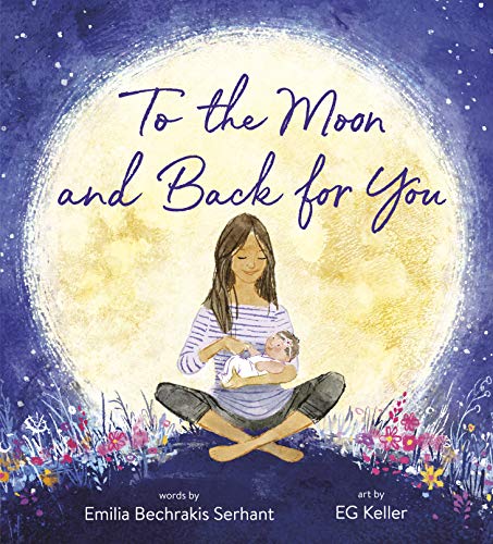 Mother and baby silhouetted against a full moon with wildflowers.