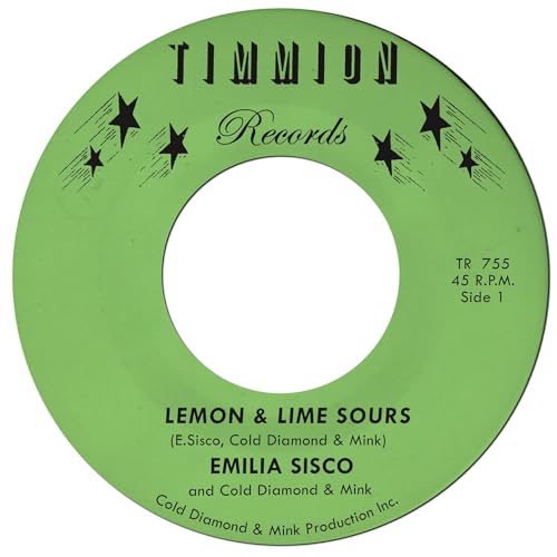 Green vinyl record label with black text: "Lemon & Lime Sours" by Emilia Sisco.