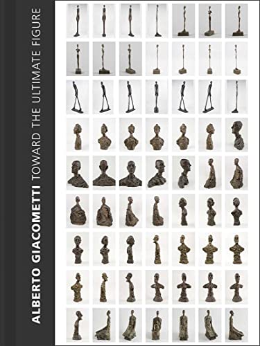 Book cover displaying numerous slender, bronze Giacometti sculptures in a grid.