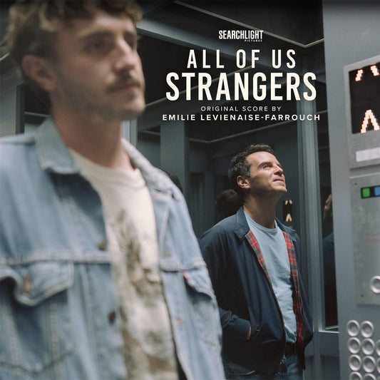 Two men stand in an elevator on the All of Us Strangers vinyl cover.