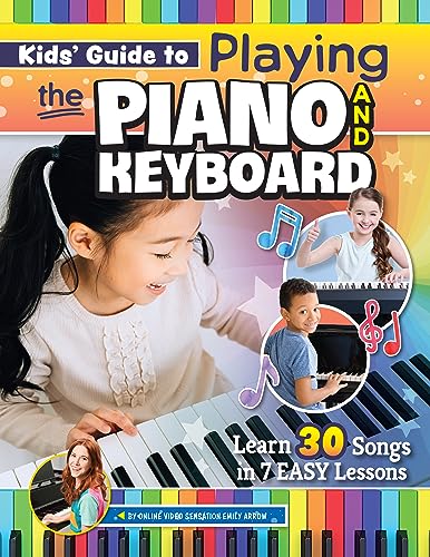 Book cover with children playing piano, learning music with lessons.