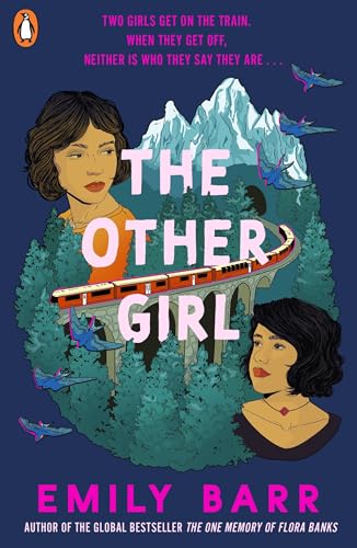 Book cover: two women, a train, mountains, and illustrated birds.