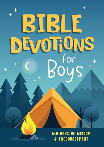 Book cover with tent, campfire, and text “Bible Devotions for Boys”.