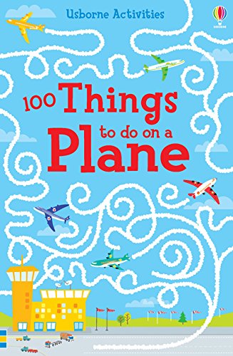 Blue cover of “100 Things to Do on a Plane” activity book with airplanes.
