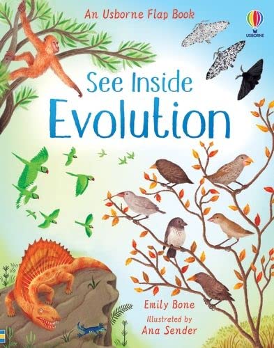 See Inside Evolution" flap book cover with animals and dinosaurs.