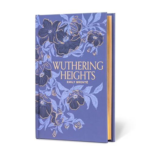 Hardcover book titled Wuthering Heights with blue floral cover art and gold page edges.
