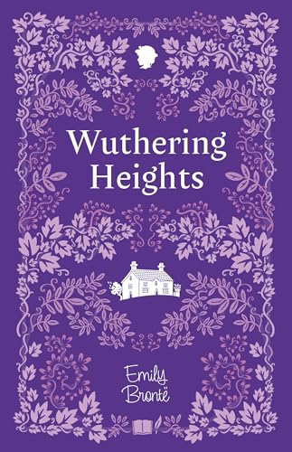 Purple book cover for "Wuthering Heights" with floral design and house illustration.