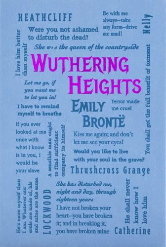 Book cover with the title Wuthering Heights in pink text surrounded by various quotes.