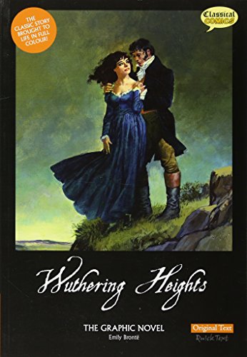 A couple in historical clothing stands on a cliffside on this Wuthering Heights book cover.