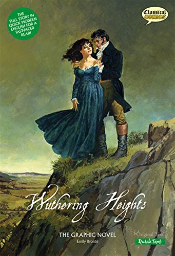 A man and woman in period clothing stand on a cliffside, Wuthering Heights book cover.