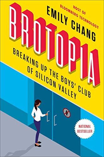 Book cover for "Brotopia" with red title and woman facing a door.