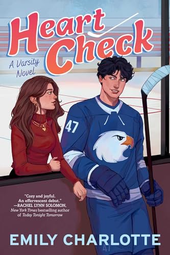 A woman in a red sweater watches a hockey player in a blue jersey.