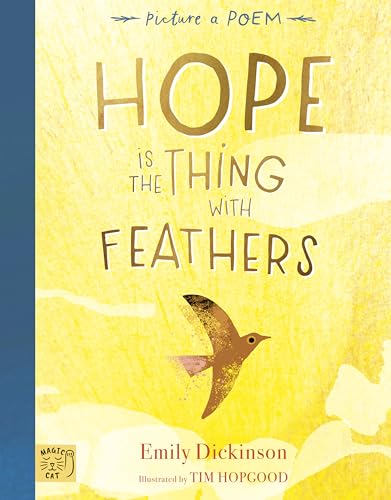 Book cover with yellow watercolor, bird illustration, and title "Hope is the Thing with Feathers".